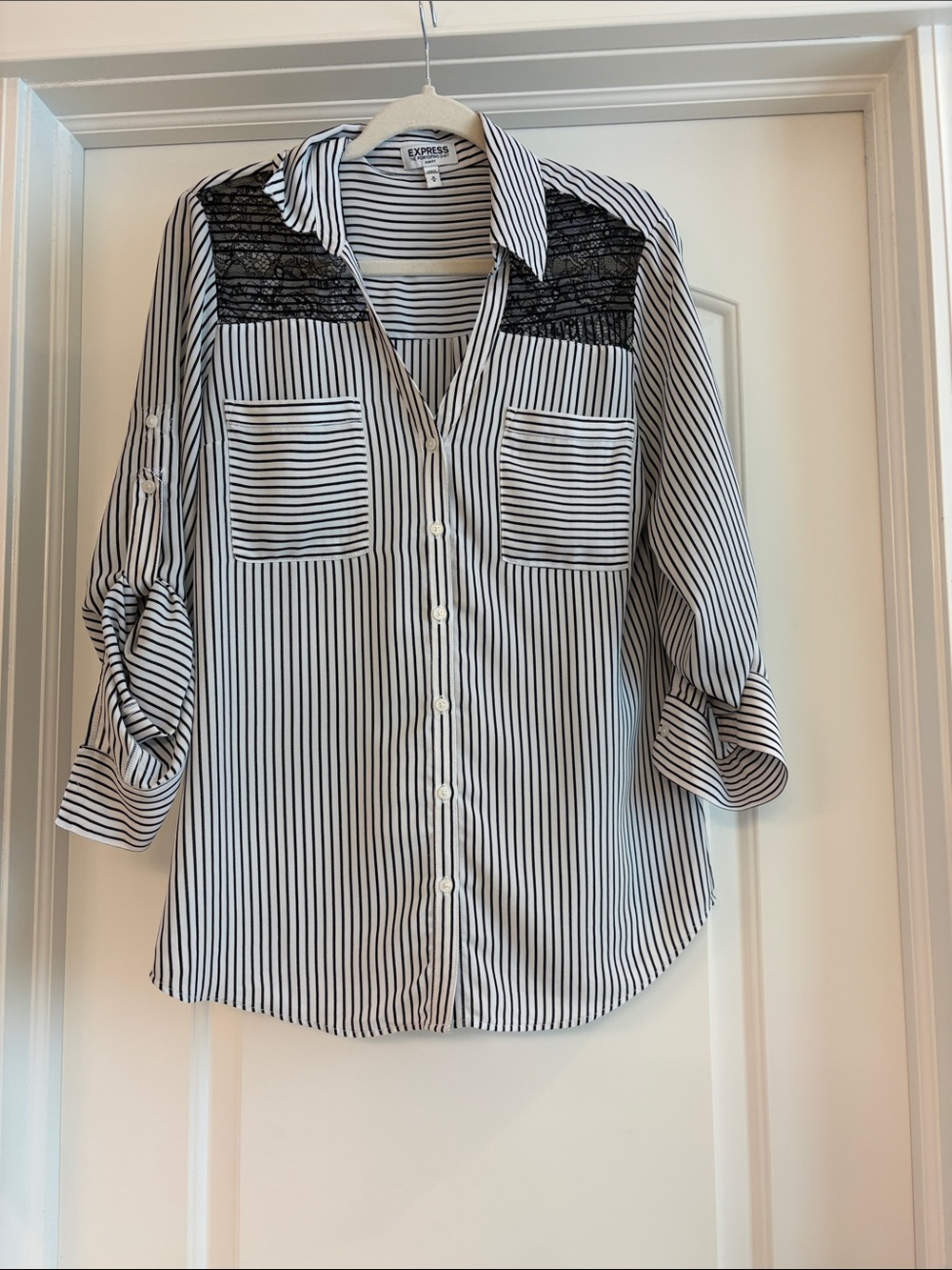 Express Portofino Slim Fit Black and White Striped Lace Shirt